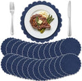 Set of 24 Navy Blue Cotton Placemats 15" Round Scalloped White