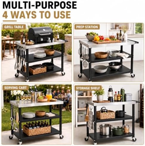 100% Stainless Steel Outdoor Grill Table, Heavy Duty BBQ Rolling Grill Cart for Patio Backyard Pizza Oven