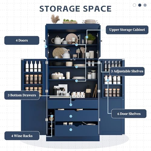 Merax 77''Tall Freestanding Kitchen Pantry,Farmhouse Tall Storage Cabinet with 2 Standard Plugs and 2 USB Ports,Wood Food Pantry with Adjustable Shelves,Door Shelves, Drawers and Wine Racks,Blue