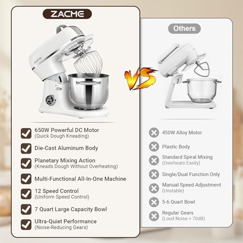 ZACME 7 Quart Stand Mixer Aluminum Die Casting, 650W 12 Speed Tilt-Head Kitchen Electric Stand Mixer, Household Food Mixer with Stainless Steel Bowl, Dough Hook, Whisk and Beater-Porcelain