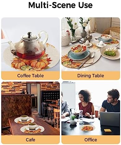 Round Placemats Set of 8 Orange Pumpkin Fall Place Mats Autumn Maple Leaf Circle Braided Placemat Heat Resistant Table Mat for Thanksgiving Autumn Harvest Holiday Decorations, 15 Inch