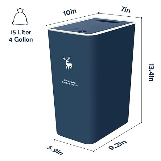 XPIY Trash Can with Lid, 2 Pack 4 Gallons/15 Liters Garbage Can with Press Top, Small Trash Can Dog Proof, Plastic Trash Bin, Waste Basket for Bathroom|Kitchen|Bedroom|Office (2, Blue)