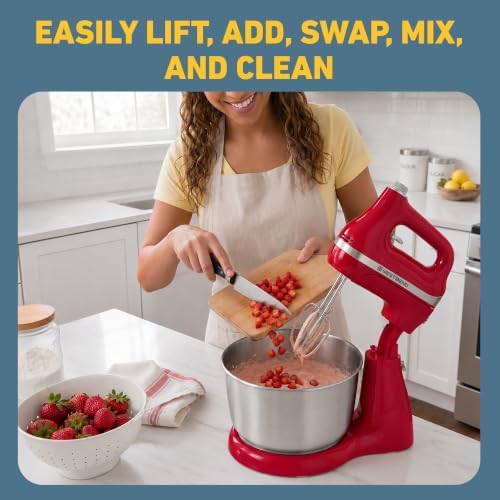 West Bend Two Sweet 2-in-1 Hand & Stand Mixer, 11 Speeds with Turbo Boost, 4.4 Qt Rotating Bowl, Dough Hooks, Beaters & Whisk, Tilt-Head Design, 550 Peak Watts, Red