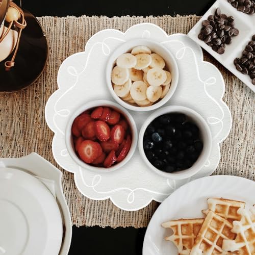 15 Inch Ribbon Twirl Embroidery Round Placemats Set of 4, Scalloped Round Table Mats for Party Kitchen Dining Decoration, White