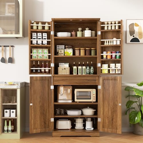 Shintenchi Kitchen Pantry Cabinet, Farmhouse Tall Cupboard, Rustic Brown