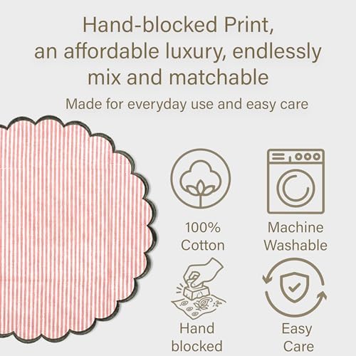 Ridhi Hand Block Print Round Placemats 15 Inch, Set of 4,Heart Pink Stripe