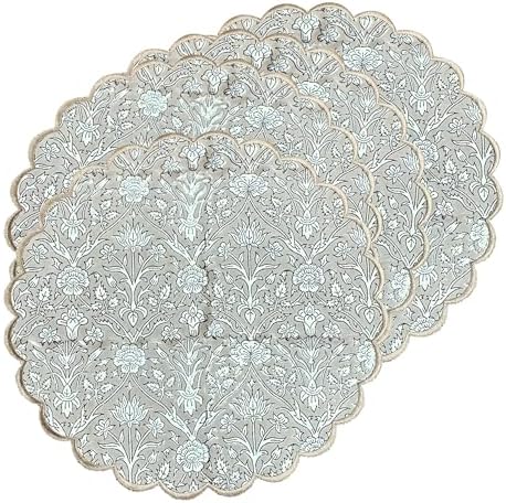 Ridhi Floral Block Print Round Placemats 15 Inch, Set of 4, Taupe