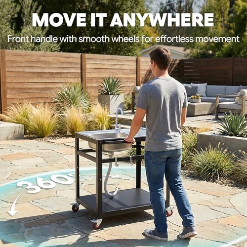 Feasto 35" Movable Outdoor Grill Cart with Stainless Steel Sink & Faucet