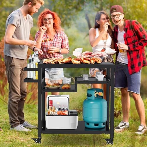 32" Three-Shelf Grill Table, Movable Grill Cart for Ninja