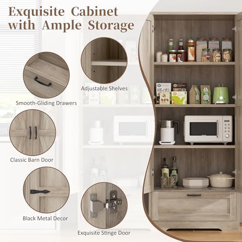 Shintenchi 65" Kitchen Pantry Cabinet, Farmhouse Storage, Ash Gray