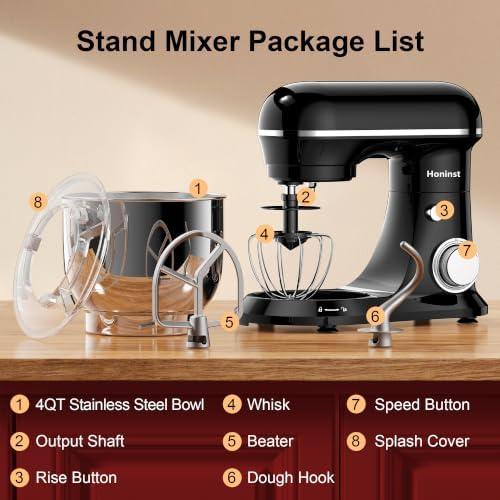 Honinst 4QT Electric Stand Mixer, 10-Speed Tilt-Head Compact Kitchen Mixer