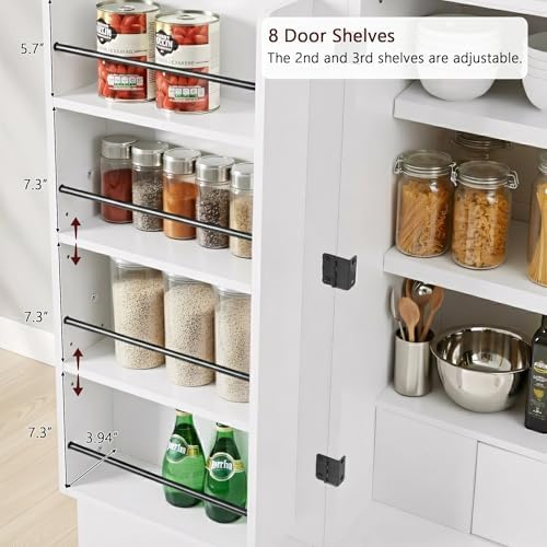 Merax 72" Tall Arched Cabinet Kitchen Pantry with 4 Doors, Fluted Storage Cabinets with 3 Adjustable Shelves & 1 Hidden Drawer & 8 Door Shelves, Versatile Cupboard for Kitchen, Dining Room (White)