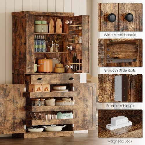 IRONCK 72" Kitchen Pantry Cabinet with Drawer and Sliding Racks