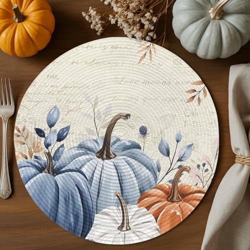 Fall Round Placemats Set of 8 Thanksgiving Blue Pumpkin Place Mats Washable Woven Placemat Autumn Eucalyptus Leaves Circle Braided Table Mat for Kitchen Dining Table Holiday Party Fall Decor 15 Inch