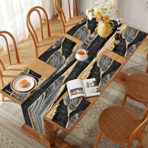 Mcalk Black Marble Table Runner and Placemats Set of 6 Pieces, Gold Marble Placemats, Modern Cloth Place Mats Indoor for Kitchen,Washable Linen Material for Dining Table