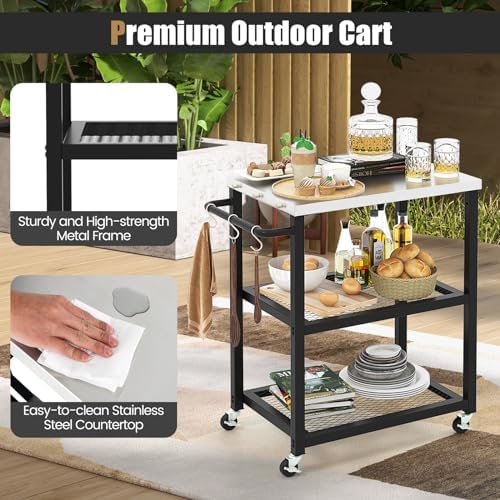 Byroce Grill Cart, 3-Shelf Outdoor Prep Table for Grill with Stainless Steel Top, 9 Hooks & Wheels, Movable Food Cooking and Pizza Oven Stand Table, Grill Table for Party BBQ Patio