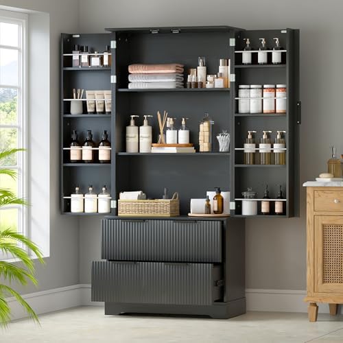 KEIKI 72" Fluted Kitchen Pantry Cabinet with 2 Drawers & 8 Door Spice Racks, Tall Freestanding Storage Cabinet with Adjustable Shelf for Kitchen, Dining Room, Bathroom, Black