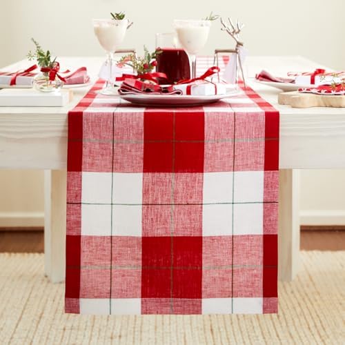 Solino Home 100% Pure Linen Table Runner Merry, Very Merry Plaid 14 x 36 in