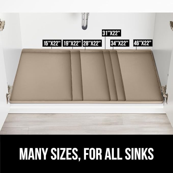GORILLA GRIP Waterproof Silicone Under Sink Mat with Raised Lip for Kitchen and Bathroom, Cabinet Shelf Liner Stay in Place Mats Dishwasher Safe Drawer Liner, Organizer Tray, 19 x 34 in, Beige
