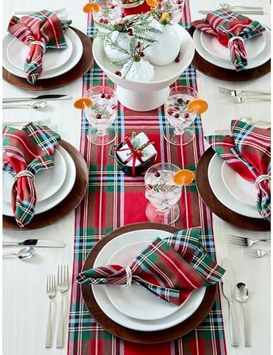 Solino Home 100% Linen Table Runner Red, Madras Holiday Plaid 14 x 120 in