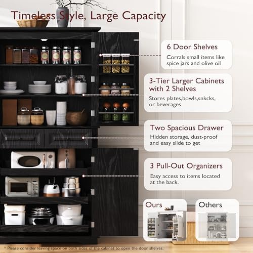 Merax Farmhouse Pantry Cabinet with Drawers and Door Shelves, Black