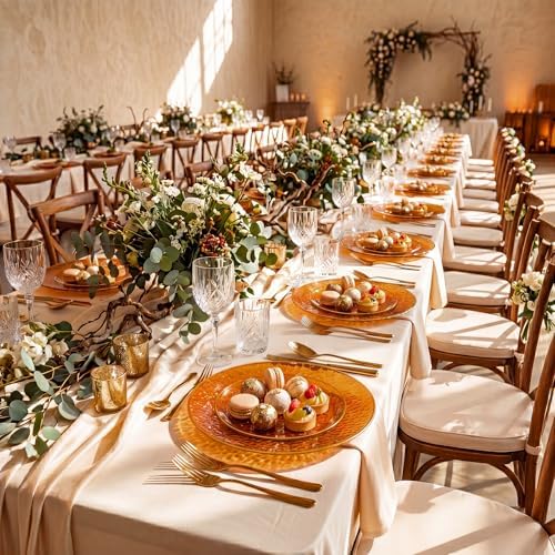 Rubtlamp 100Pcs Amber Gold Plastic Plates, Disposable Plates With Gold Rim, Heavy-duty Party Platos, Hammered Plastic Plates Include 50 Clear Dessert Plates, 50 Dinner Plates for Party