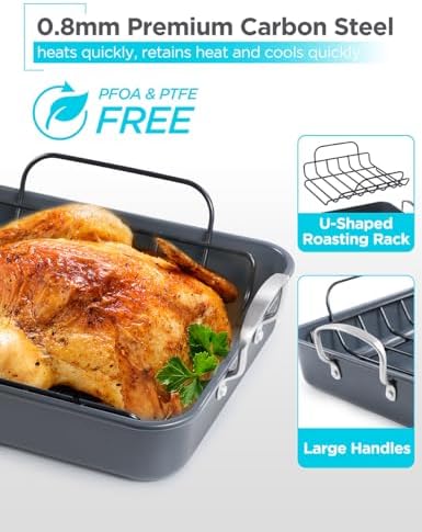 BLACK+DECKER Carbon Steel Turkey Roasting Pan with U-Shaped Rack, BDK400B