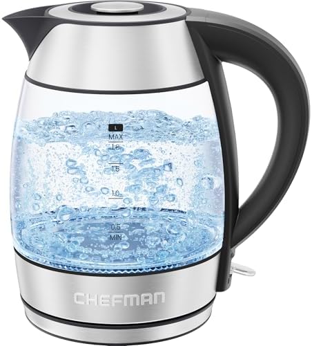Chefman Electric Kettle 1500W, 1.8L Hot Water Boiler, Removable Lid for Easy Cleaning, LED Indicators, Auto Shutoff & Boil-Dry Protection, Borosilicate Glass Electric Tea Kettle – Stainless Steel by Chefman