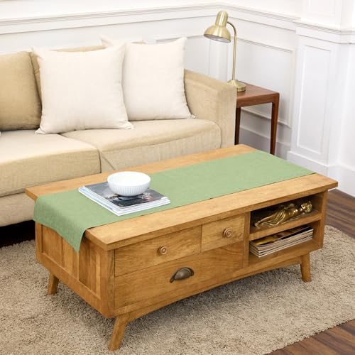 Solino Home 100% Pure Linen Table Runner Olive Woven, Athena 14 x 48 in