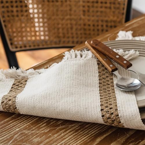 Niviy Boho Placemats Set of 6, 12x18 Inch Natural Cotton Burlap and Kitchen Woven Placemats with Tassels for Dining Table Centerpiece Thanksgiving Home Decorations