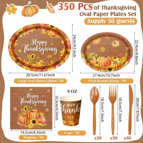 Pajean 350 Pcs Thanksgiving Oval Paper Plates Set with 12 inch Disposable Wood Grain Maple Leaf Oval Plates Fall Harvest Dinnerware Set Heavy Duty for 50 Guests Thanksgiving Fall Party Supplies