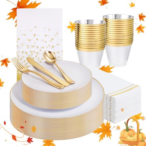 Festiva 175PCS White and Gold Plastic Plates - White with Gold Rim Fall Dinnerware Set - 25Guest include Plates Cups Cutlery Napkins for Birthday Party&Wedding& Thanksgiving