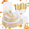 Festiva 175PCS White and Gold Plastic Plates - White with Gold Rim Fall Dinnerware Set - 25Guest include Plates Cups Cutlery Napkins for Birthday Party&Wedding& Thanksgiving