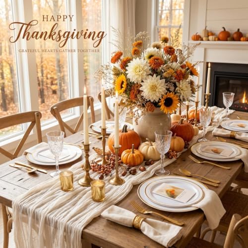 FLOWERCAT 60PCS Gold Plastic Plates - Heavy Duty White and Gold Plastic Plates Disposable for Fall Party/Wedding/Thanksgiving - Include 30PCS 10.25" Dinner Plates and 30PCS 7.5" Dessert Plates