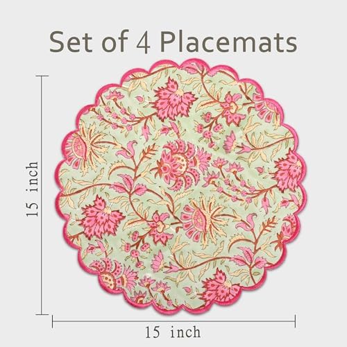 Ridhi Floral Block Print Round Placemats 15 Inch, Set of 4, Pistachio Green