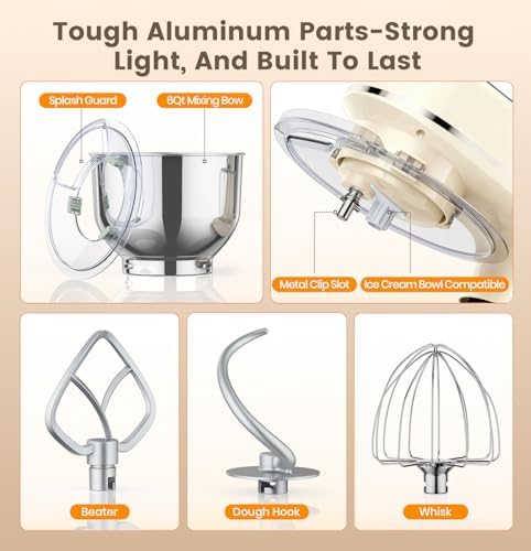 Stand Mixer 6QT Kitchen Mixer with LED Smart Touchscreen, 11-Speed Tilt-Head Mixer with Timer, 4 Preset Menus, Stainless Steel Bowl, Dough Hook, Whisk, Beater (White, 6Qt)