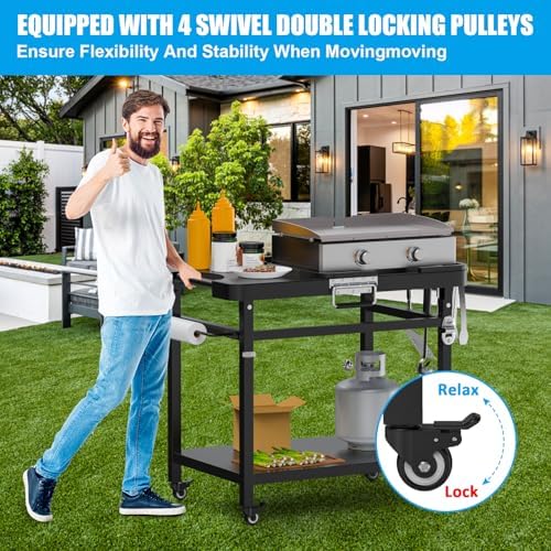 Outspark Grill Stand for Ninja Woodfire Outdoor Portable Prep Cart Table Station for Ninja XSKUNSTAND OG700 OG321 OG900 OO101 Series and Smoker Pizza Oven Accessories with Wheels & Grill Cover