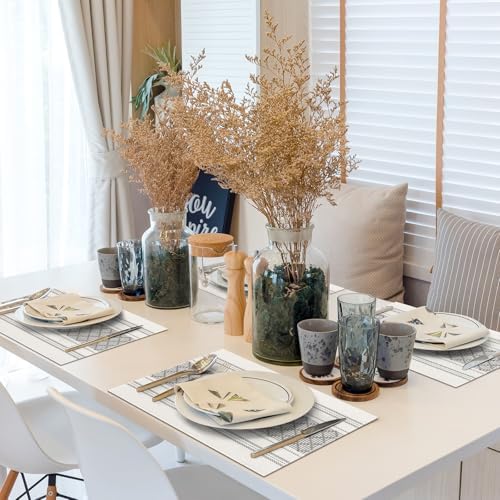 ADRIMER Placemats Set of 8, Boho Table Mats Cotton Blend, Durable Cloth Table Placemats Machine Washable, Rustic Place Mats for Dining Kitchen Table, 14 x 18 Inch, Grey