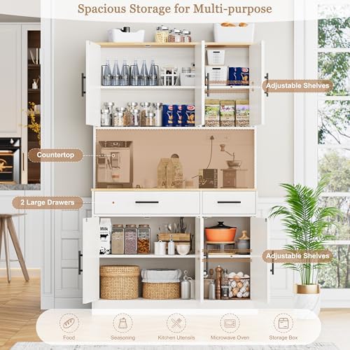 Shintenchi Pantry Cabinet with Charging Station, 70” Tall Kitchen Storage Cabinet with Microwave Stand, Storage Drawers & Adjustable Shelves, Large Capacity Kitchen Hutch for Dining Room, White