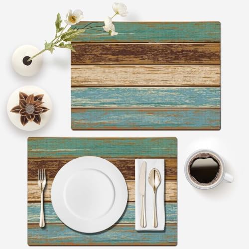Mcalk Farmhouse Table Runner and Placemats Set of 6, Teal and Brown Wooden Texture Rectangle Cloth Place Mats Indoor, Washable Linen Material for Living Table