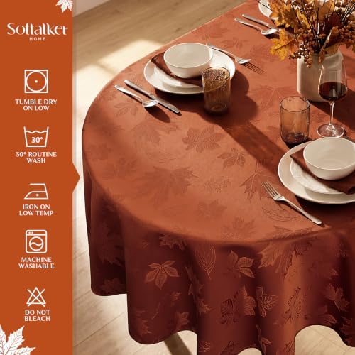 Softalker Fall Jacquard Oval Tablecloth, 60 x 84 Inch Rust