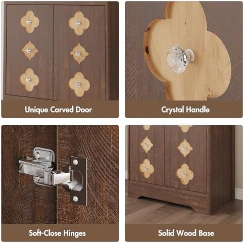 Garvee 72" Tall Pantry Cabinet, Kitchen Hutch Storage Cabinet with Countertop for Microwave, Freestanding Wooden Cupboard with Carved Door & Crystal Handle, for Dining Room, Living Room, Reddish Brown