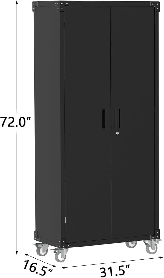 GarveeHome Metal Storage Cabinet with Wheels, Steel Tool Cabinet with Pegboard and 4 Adjustable Shelves, Lockable Rolling Garage Cabinet for Home, Garage, Office Organization (Deep Black)