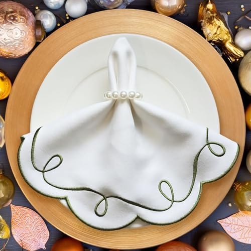 16.5 Inch Ribbon Twirl Embroidery Round Placemats Set of 4, Scalloped Round Table Mats for Party Kitchen Dining Decoration, Green