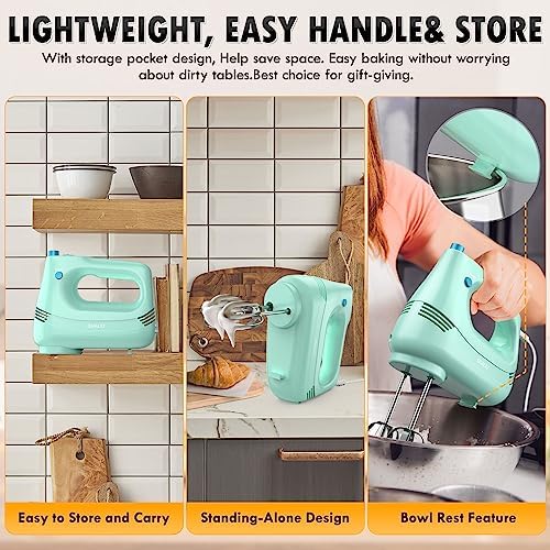 GUALIU Electric Hand Mixer, 304*(2* Beaters, 2* Dough Hooks), (1* Storage Bag) Handheld Mixer for Baking Cakes, Eggs, Cream Food Mixers, Turbo Boost /5 Speed Kitchen Blender GREEN