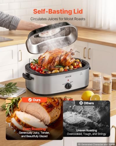 VEVOR Electric Roaster Oven, 18 Qt 1450W, Turkey Roasting Pan, Viewing Lid