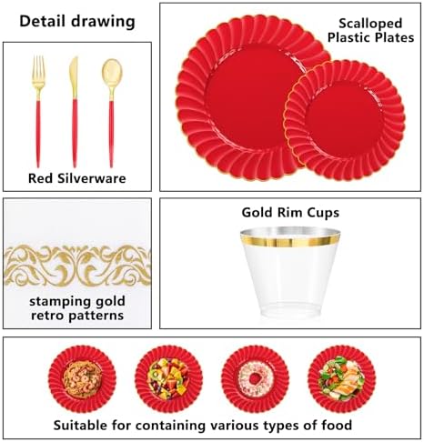 Ciaell 175 Piece Red and Gold Plastic Plates for Weddings Parties