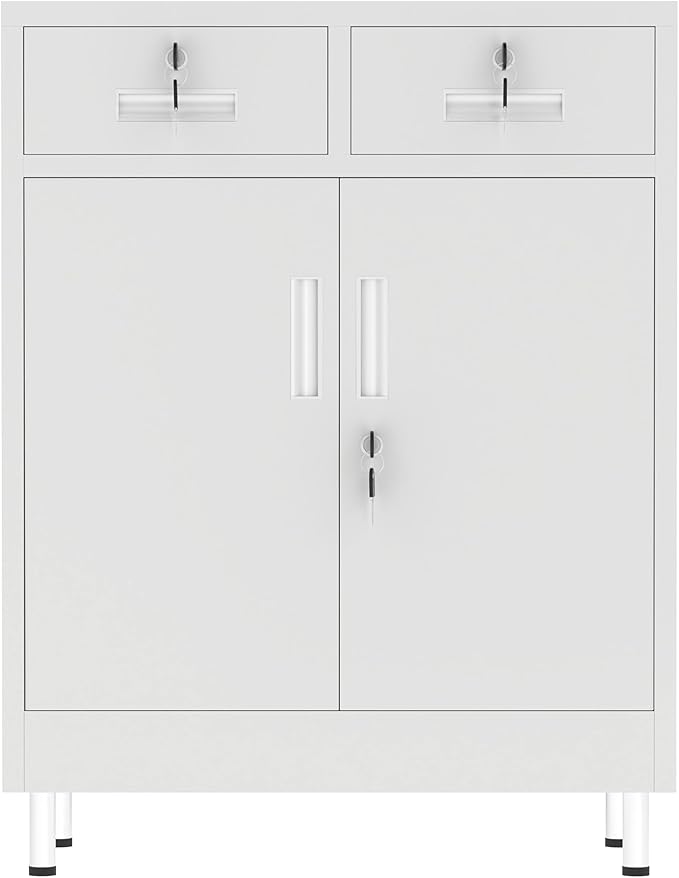 Metal Storage Cabinet with Locking Doors and 2 Drawers, Lockable Storage Cabinet with Adjustable Shelf for Home Office Garage Entryway Pantry (White)