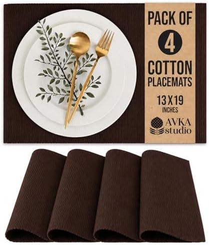100% Cotton Ribbed Placemats - Set of 4-13 x 19 Inches - Brown - Everyday/Thanksgiving/Fall Cloth Table Mats - Thick Construction, Washable & Reusable Cloth Place Mats - by AVKA Studio