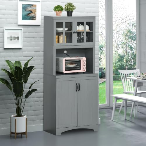HOMCOM Kitchen Hutch 70" Pantry Cabinet Glass Framed Door Dining Room Gray